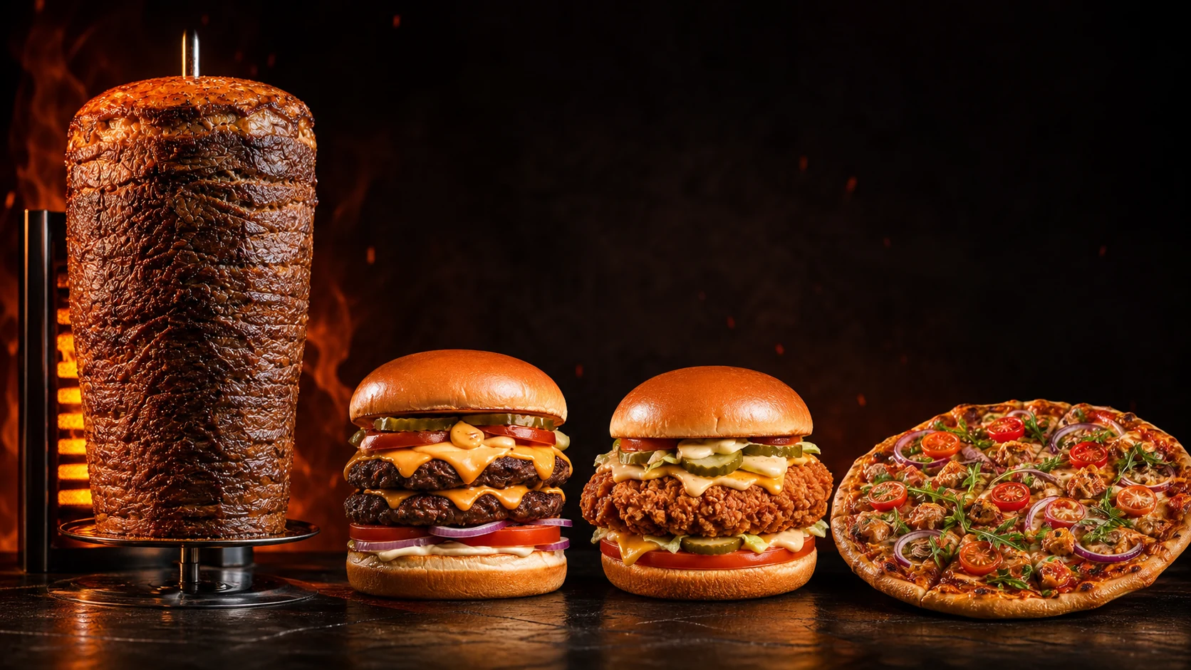 Steakdöner, Double Cheeseburger, Chicken Burger und Pizza
